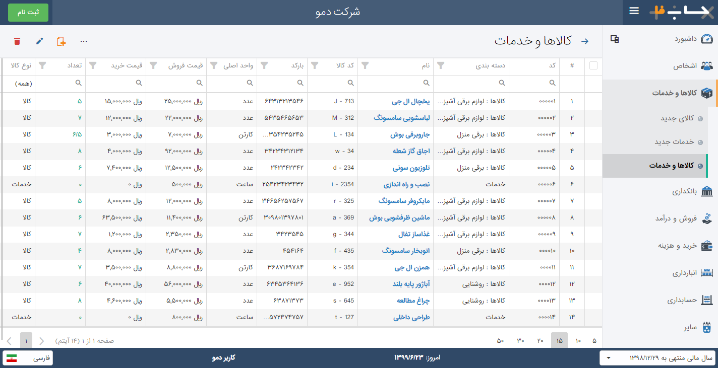 تعریف و مدیریت کالاها و خدمات